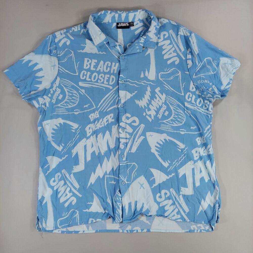 JAWS Movie Graphic Button Down Shirt Mens 2XL Blue Rayon Camp Collar Y2K Shark